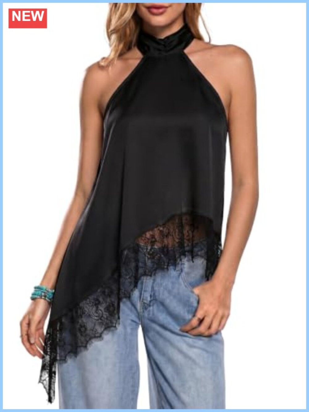 Women's Halter Satin Tank Top with Lace Asymmetric Hem